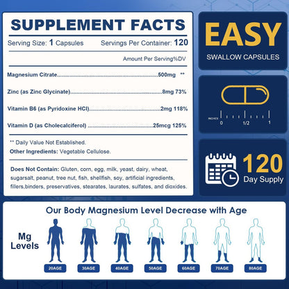 NATURE TARGET Magnesium Citrat 500 mg mit Zink & Vitamin D für Muskel-, Nerven-, Knochen- und Herzgesundheit, hochabsorbierendes Magnesiumpräparat, leicht zu schluckende Magnesiumkapseln für Frauen & Männer, 120 VegKaps