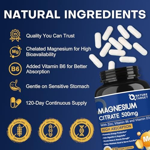 NATURE TARGET Magnesium Citrat 500 mg mit Zink & Vitamin D für Muskel-, Nerven-, Knochen- und Herzgesundheit, hochabsorbierendes Magnesiumpräparat, leicht zu schluckende Magnesiumkapseln für Frauen & Männer, 120 VegKaps