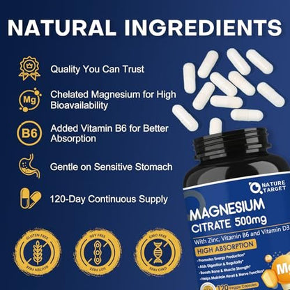 NATURE TARGET Magnesium Citrat 500 mg mit Zink & Vitamin D für Muskel-, Nerven-, Knochen- und Herzgesundheit, hochabsorbierendes Magnesiumpräparat, leicht zu schluckende Magnesiumkapseln für Frauen & Männer, 120 VegKaps