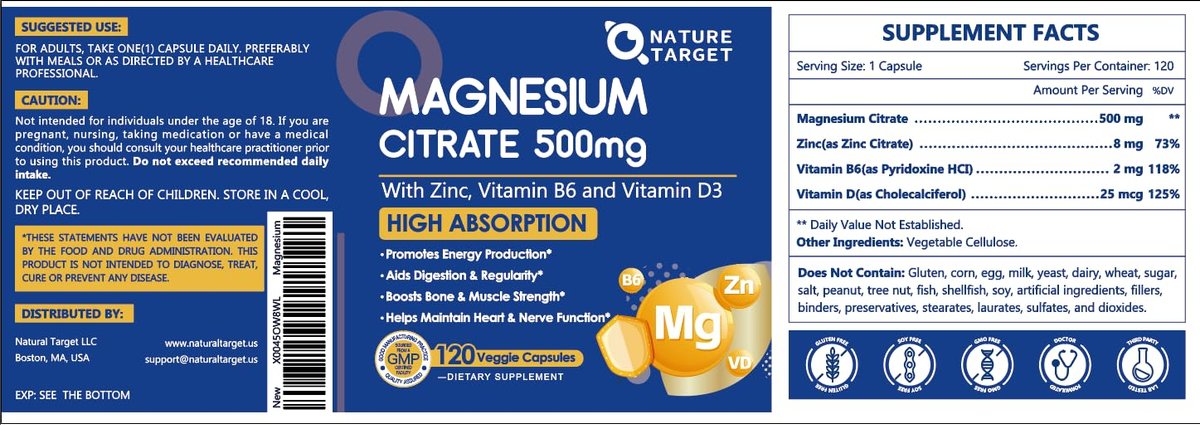 NATURE TARGET Magnesium Citrat 500 mg mit Zink & Vitamin D für Muskel-, Nerven-, Knochen- und Herzgesundheit, hochabsorbierendes Magnesiumpräparat, leicht zu schluckende Magnesiumkapseln für Frauen & Männer, 120 VegKaps