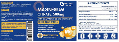 NATURE TARGET Magnesium Citrat 500 mg mit Zink & Vitamin D für Muskel-, Nerven-, Knochen- und Herzgesundheit, hochabsorbierendes Magnesiumpräparat, leicht zu schluckende Magnesiumkapseln für Frauen & Männer, 120 VegKaps
