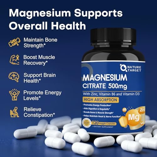 NATURE TARGET Magnesium Citrat 500 mg mit Zink & Vitamin D für Muskel-, Nerven-, Knochen- und Herzgesundheit, hochabsorbierendes Magnesiumpräparat, leicht zu schluckende Magnesiumkapseln für Frauen & Männer, 120 VegKaps
