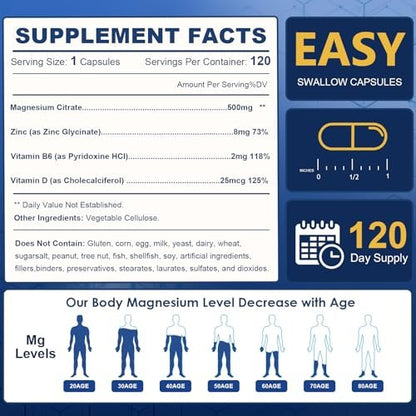 NATURE TARGET Magnesium Citrat 500 mg mit Zink & Vitamin D für Muskel-, Nerven-, Knochen- und Herzgesundheit, hochabsorbierendes Magnesiumpräparat, leicht zu schluckende Magnesiumkapseln für Frauen & Männer, 120 VegKaps