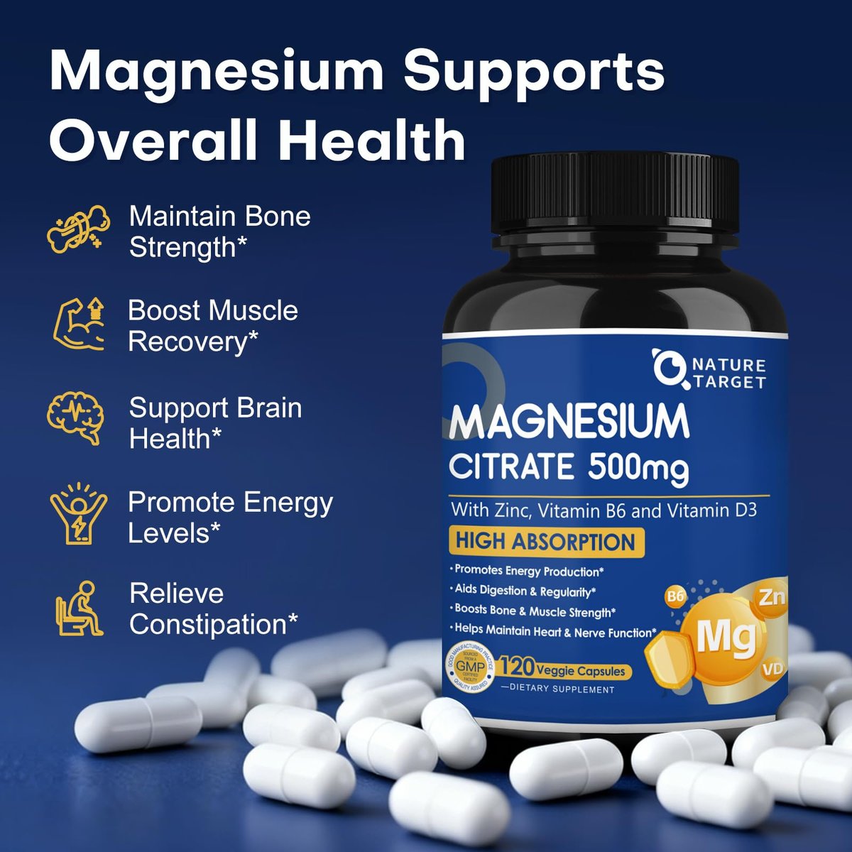 NATURE TARGET Magnesium Citrat 500 mg mit Zink & Vitamin D für Muskel-, Nerven-, Knochen- und Herzgesundheit, hochabsorbierendes Magnesiumpräparat, leicht zu schluckende Magnesiumkapseln für Frauen & Männer, 120 VegKaps