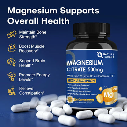 NATURE TARGET Magnesium Citrat 500 mg mit Zink & Vitamin D für Muskel-, Nerven-, Knochen- und Herzgesundheit, hochabsorbierendes Magnesiumpräparat, leicht zu schluckende Magnesiumkapseln für Frauen & Männer, 120 VegKaps