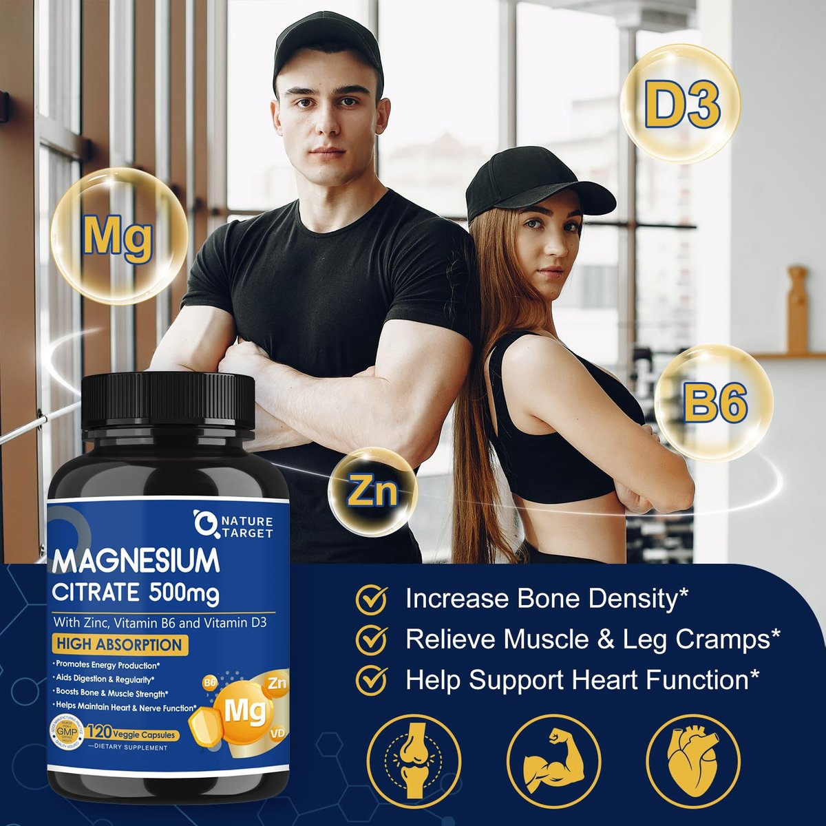 NATURE TARGET Magnesium Citrat 500 mg mit Zink & Vitamin D für Muskel-, Nerven-, Knochen- und Herzgesundheit, hochabsorbierendes Magnesiumpräparat, leicht zu schluckende Magnesiumkapseln für Frauen & Männer, 120 VegKaps