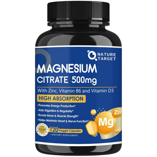 NATURE TARGET Magnesium Citrat 500 mg mit Zink & Vitamin D für Muskel-, Nerven-, Knochen- und Herzgesundheit, hochabsorbierendes Magnesiumpräparat, leicht zu schluckende Magnesiumkapseln für Frauen & Männer, 120 VegKaps