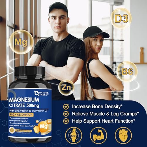 NATURE TARGET Magnesium Citrat 500 mg mit Zink & Vitamin D für Muskel-, Nerven-, Knochen- und Herzgesundheit, hochabsorbierendes Magnesiumpräparat, leicht zu schluckende Magnesiumkapseln für Frauen & Männer, 120 VegKaps