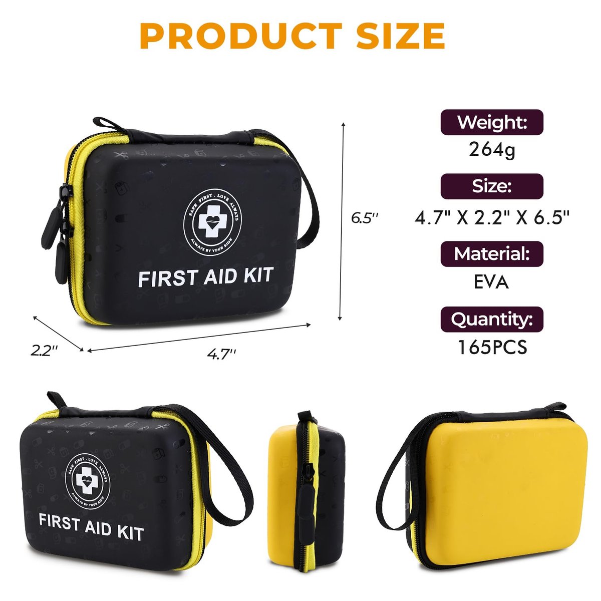Kleines Erste-Hilfe-Set – 165-teiliges Notfallset mit Hartschale & fluoreszierender Beschichtung, für Zuhause, Auto, Reisen, Wandern & Outdoor (Schwarz/Gelb)