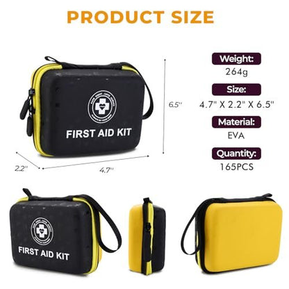 Kleines Erste-Hilfe-Set – 165-teiliges Notfallset mit Hartschale & fluoreszierender Beschichtung, für Zuhause, Auto, Reisen, Wandern & Outdoor (Schwarz/Gelb)