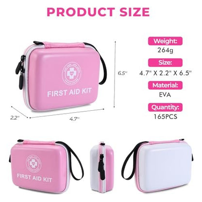 Kleines Erste-Hilfe-Set – 165-teiliges Notfallset mit Hartschale und leuchtender Außenbeschichtung, für Zuhause, Auto, Reisen, Wandern & Outdoor (Pink/Weiß)
