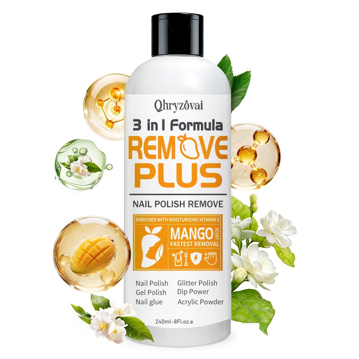 Qhryzoval Aceton-Nagellackentferner: Professioneller Soak-Off Gel-Nagellack- und Kleberentferner mit natürlicher Formel und Mangoöl, 240 ml für Acryl- und Dip-Puder-Entfernung zu Hause und im Salon