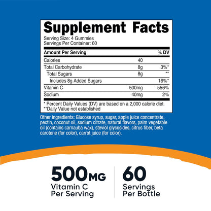 Nutricost Vitamin C Gummis (500 mg) 240 Gummis - Mit natürlichen Aromen & 556% des Tagesbedarfs an Vitamin C, Vegan, GMO-frei, Glutenfrei, 60 Portionen