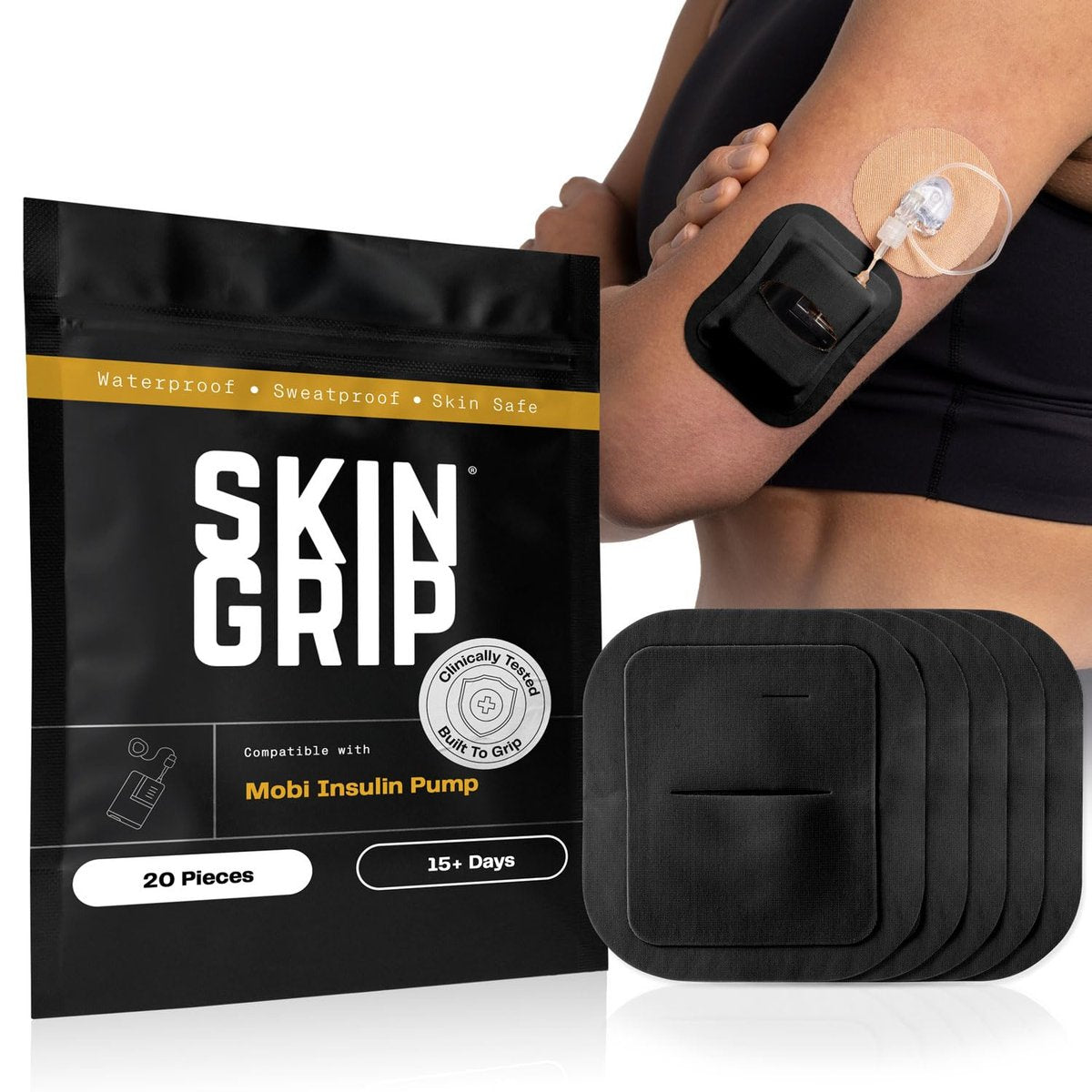 Skin Grip Tandem Mobi Klebepflaster mit Tasche und Aussparung – 5er Pack – Wasserdicht & Schweißfest, Ersatz für Originalpflaster, Hält 6+ Tage, Hautfreundlich (Schwarz)