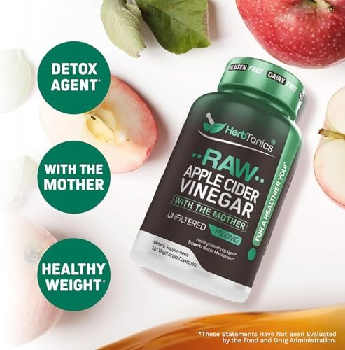 Herbtonics Roher Apfelessig Kapseln 1500 mg mit der Mutter | Ungefilterte ACV Pillen gegen Blähungen, Verdauung, Stoffwechsel & Gewichtsunterstützung | 60 vegane Kapseln (1 Monatsvorrat)