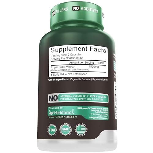 Herbtonics Roher Apfelessig Kapseln 1500 mg mit der Mutter | Ungefilterte ACV Pillen gegen Blähungen, Verdauung, Stoffwechsel & Gewichtsunterstützung | 60 vegane Kapseln (1 Monatsvorrat)