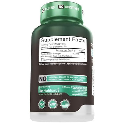 Herbtonics Roher Apfelessig Kapseln 1500 mg mit der Mutter | Ungefilterte ACV Pillen gegen Blähungen, Verdauung, Stoffwechsel & Gewichtsunterstützung | 60 vegane Kapseln (1 Monatsvorrat)