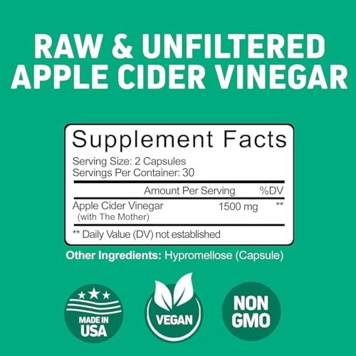 Herbtonics Roher Apfelessig Kapseln 1500 mg mit der Mutter | Ungefilterte ACV Pillen gegen Blähungen, Verdauung, Stoffwechsel & Gewichtsunterstützung | 60 vegane Kapseln (1 Monatsvorrat)