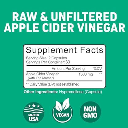 Herbtonics Roher Apfelessig Kapseln 1500 mg mit der Mutter | Ungefilterte ACV Pillen gegen Blähungen, Verdauung, Stoffwechsel & Gewichtsunterstützung | 60 vegane Kapseln (1 Monatsvorrat)