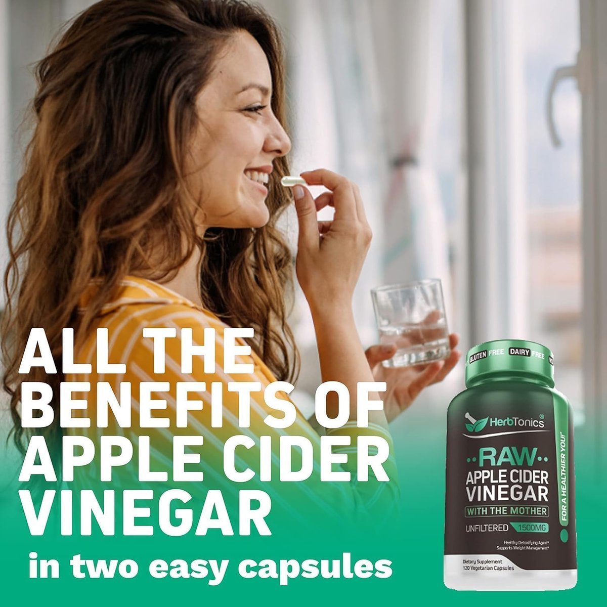 Herbtonics Roher Apfelessig Kapseln 1500 mg mit der Mutter | Ungefilterte ACV Pillen gegen Blähungen, Verdauung, Stoffwechsel & Gewichtsunterstützung | 60 vegane Kapseln (1 Monatsvorrat)