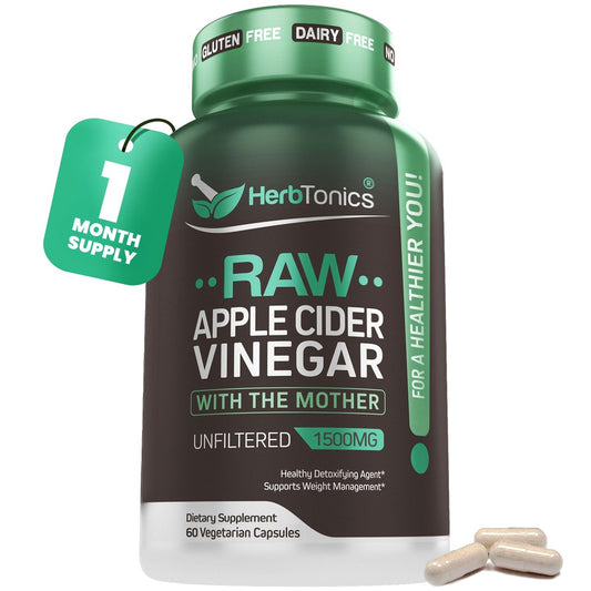 Herbtonics Roher Apfelessig Kapseln 1500 mg mit der Mutter | Ungefilterte ACV Pillen gegen Blähungen, Verdauung, Stoffwechsel & Gewichtsunterstützung | 60 vegane Kapseln (1 Monatsvorrat)