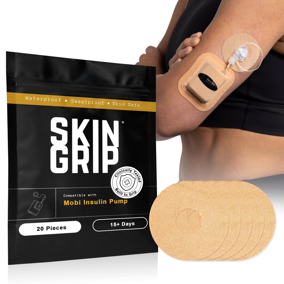 Skin Grip Tandem Mobi Klebe-Tasche mit Ausschnitt – 5er Pack – Wasserfeste & schweißresistente Aufbewahrungstasche, Ersatz für Original-Patch, Hält 6+ Tage, Hautfreundlich, (Tan)