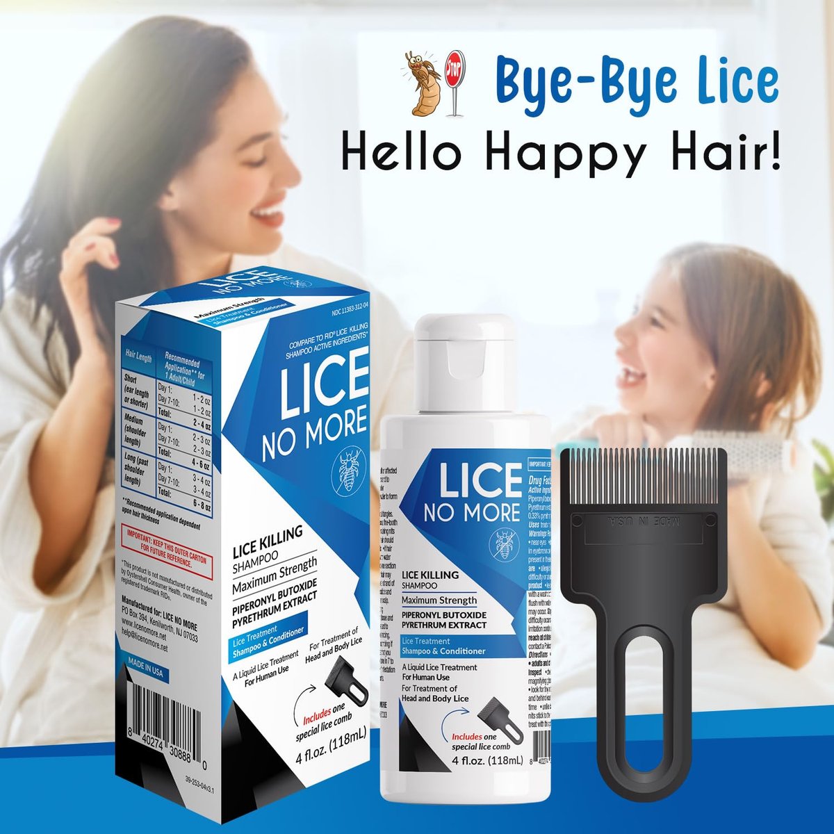 Lice No More Läuse-Shampoo 118 ml – Maximale Stärke mit Spezial-Läusekamm – Hergestellt in den USA