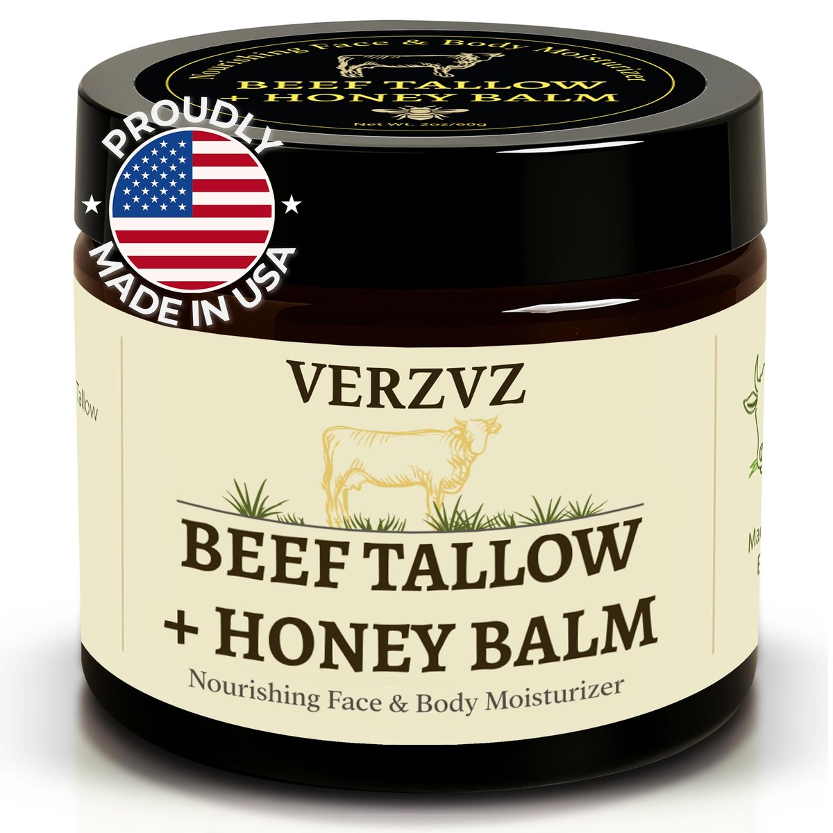 Beef Tallow für Haut und Gesicht – Tallow & Honig Balsam Feuchtigkeitscreme, 100% grasgefüttertes Rindertalg mit rohem Bio-Honig, Bienenwachs, Olivenöl & Vitamin E – Tiefenhydratation – Hergestellt in den USA – 60 ml