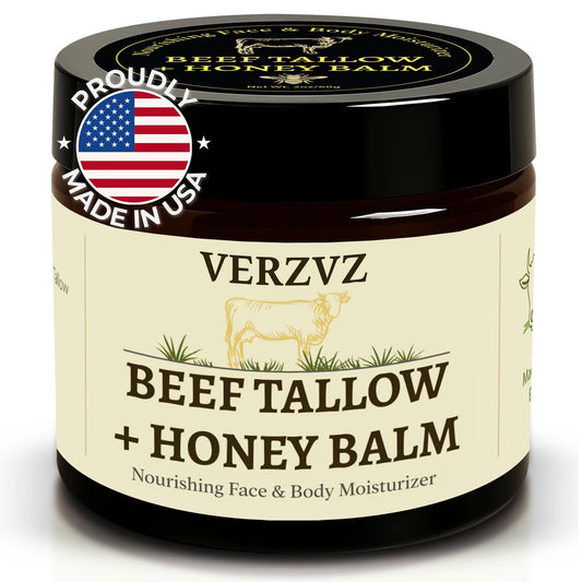 Beef Tallow für Haut und Gesicht – Tallow & Honig Balsam Feuchtigkeitscreme, 100% grasgefüttertes Rindertalg mit rohem Bio-Honig, Bienenwachs, Olivenöl & Vitamin E – Tiefenhydratation – Hergestellt in den USA – 60 ml