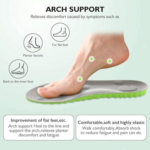 Pickleball Einlegesohlen, 4D Memory Foam Fußgewölbeunterstützung, Stoßdämpfend, Anti-Rutsch-Massageunterstützung, Atmungsaktiv für Walking & Sport (Grün, Herren 6-7/Damen 8-9)
