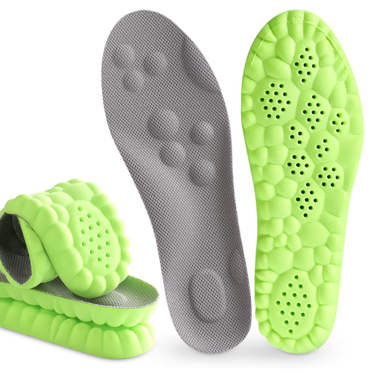 Pickleball Einlegesohlen, 4D Memory Foam Fußgewölbeunterstützung, Stoßdämpfend, Anti-Rutsch-Massageunterstützung, Atmungsaktiv für Walking & Sport (Grün, Herren 6-7/Damen 8-9)
