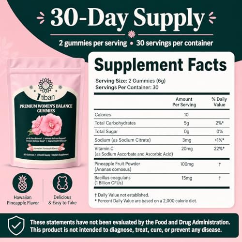 Itiban Ananas-Gummis für Frauen pH-Gleichgewicht, Weibliche Probiotika für Vaginalgesundheit, Immununterstützung, Vegan, Glutenfrei, Hawaiianische Ananas 60 Gummis 30 Portionen