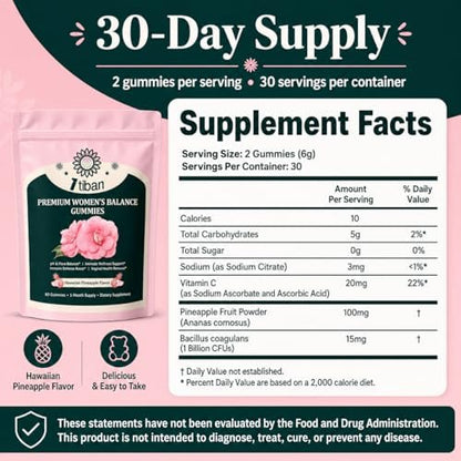 Itiban Ananas-Gummis für Frauen pH-Gleichgewicht, Weibliche Probiotika für Vaginalgesundheit, Immununterstützung, Vegan, Glutenfrei, Hawaiianische Ananas 60 Gummis 30 Portionen