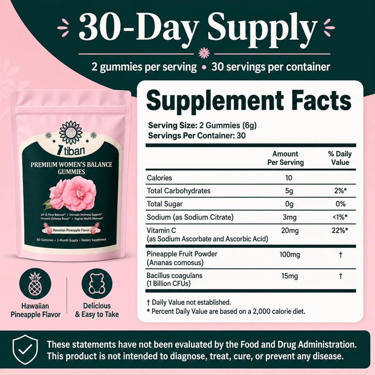 Itiban Ananas-Gummis für Frauen pH-Gleichgewicht, Weibliche Probiotika für Vaginalgesundheit, Immununterstützung, Vegan, Glutenfrei, Hawaiianische Ananas 60 Gummis 30 Portionen