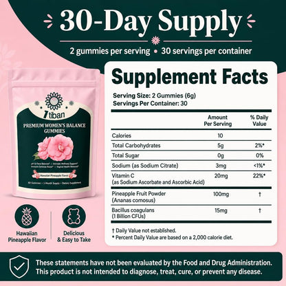 Itiban Ananas-Gummis für Frauen pH-Gleichgewicht, Weibliche Probiotika für Vaginalgesundheit, Immununterstützung, Vegan, Glutenfrei, Hawaiianische Ananas 60 Gummis 30 Portionen