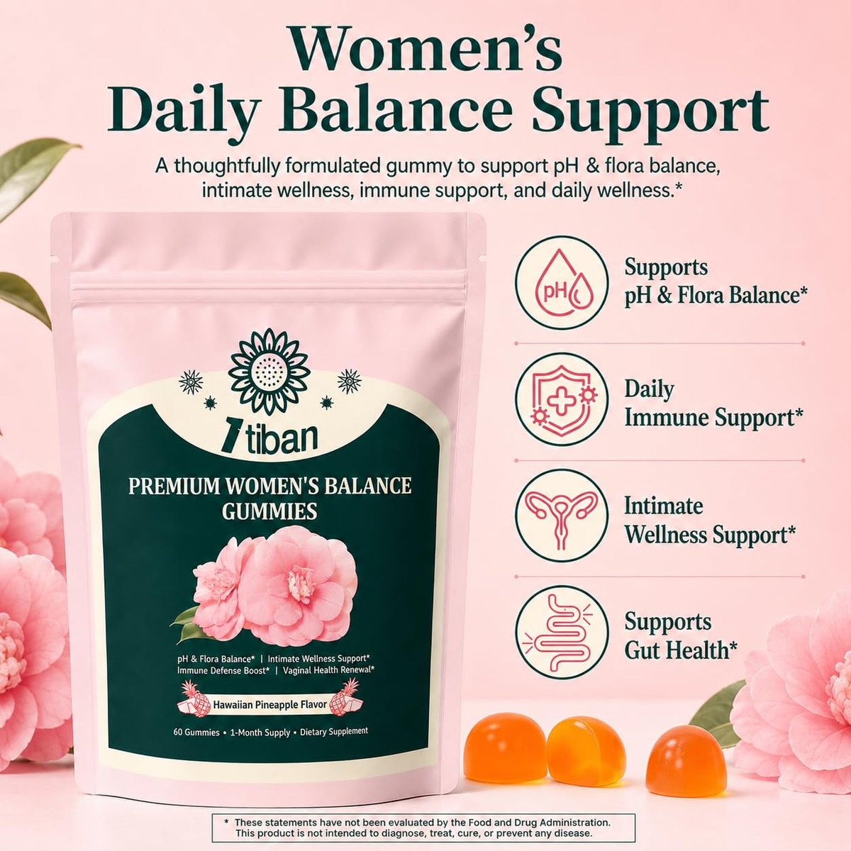 Itiban Ananas-Gummis für Frauen pH-Gleichgewicht, Weibliche Probiotika für Vaginalgesundheit, Immununterstützung, Vegan, Glutenfrei, Hawaiianische Ananas 60 Gummis 30 Portionen