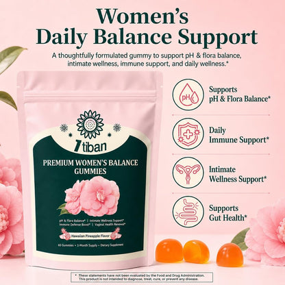 Itiban Ananas-Gummis für Frauen pH-Gleichgewicht, Weibliche Probiotika für Vaginalgesundheit, Immununterstützung, Vegan, Glutenfrei, Hawaiianische Ananas 60 Gummis 30 Portionen