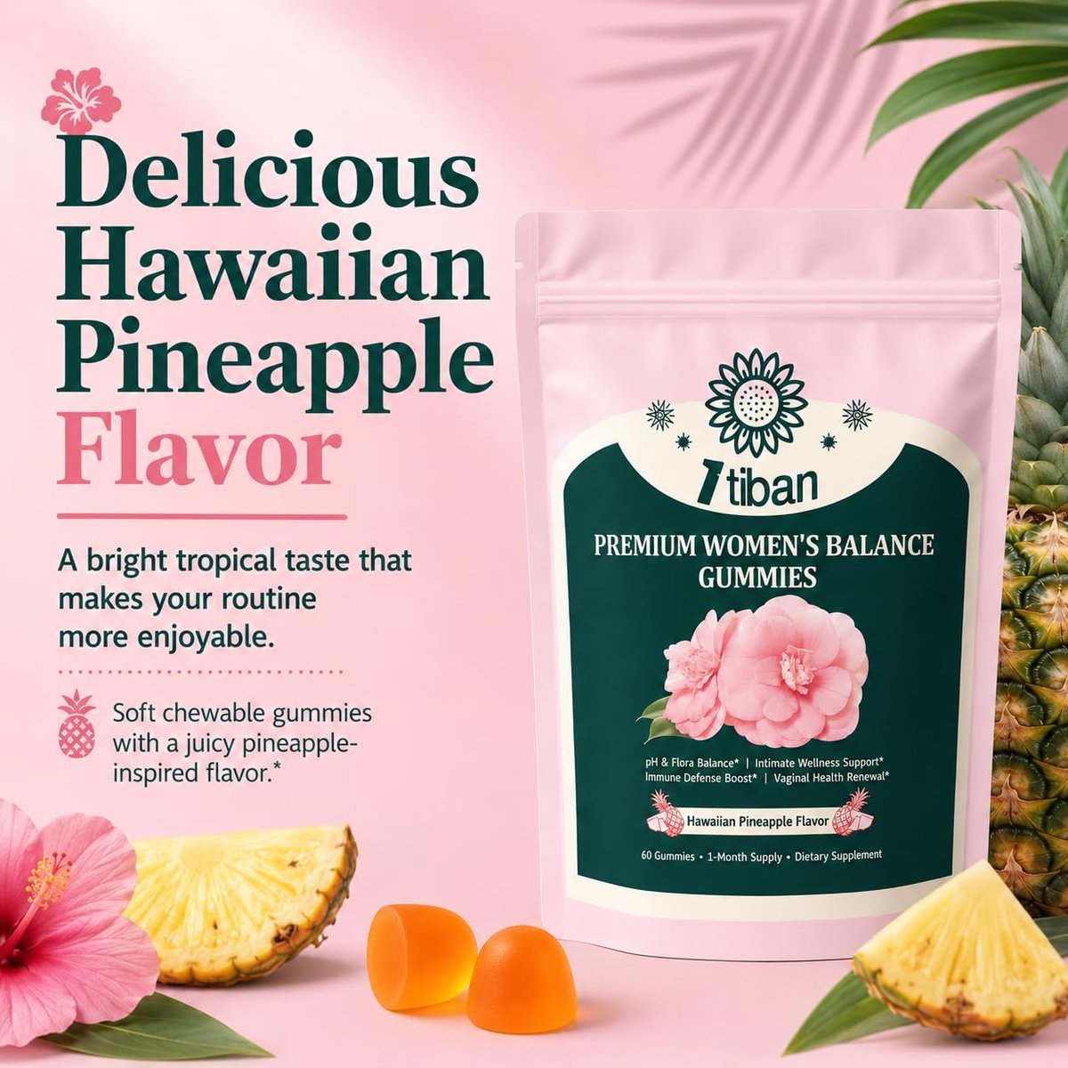 Itiban Ananas-Gummis für Frauen pH-Gleichgewicht, Weibliche Probiotika für Vaginalgesundheit, Immununterstützung, Vegan, Glutenfrei, Hawaiianische Ananas 60 Gummis 30 Portionen