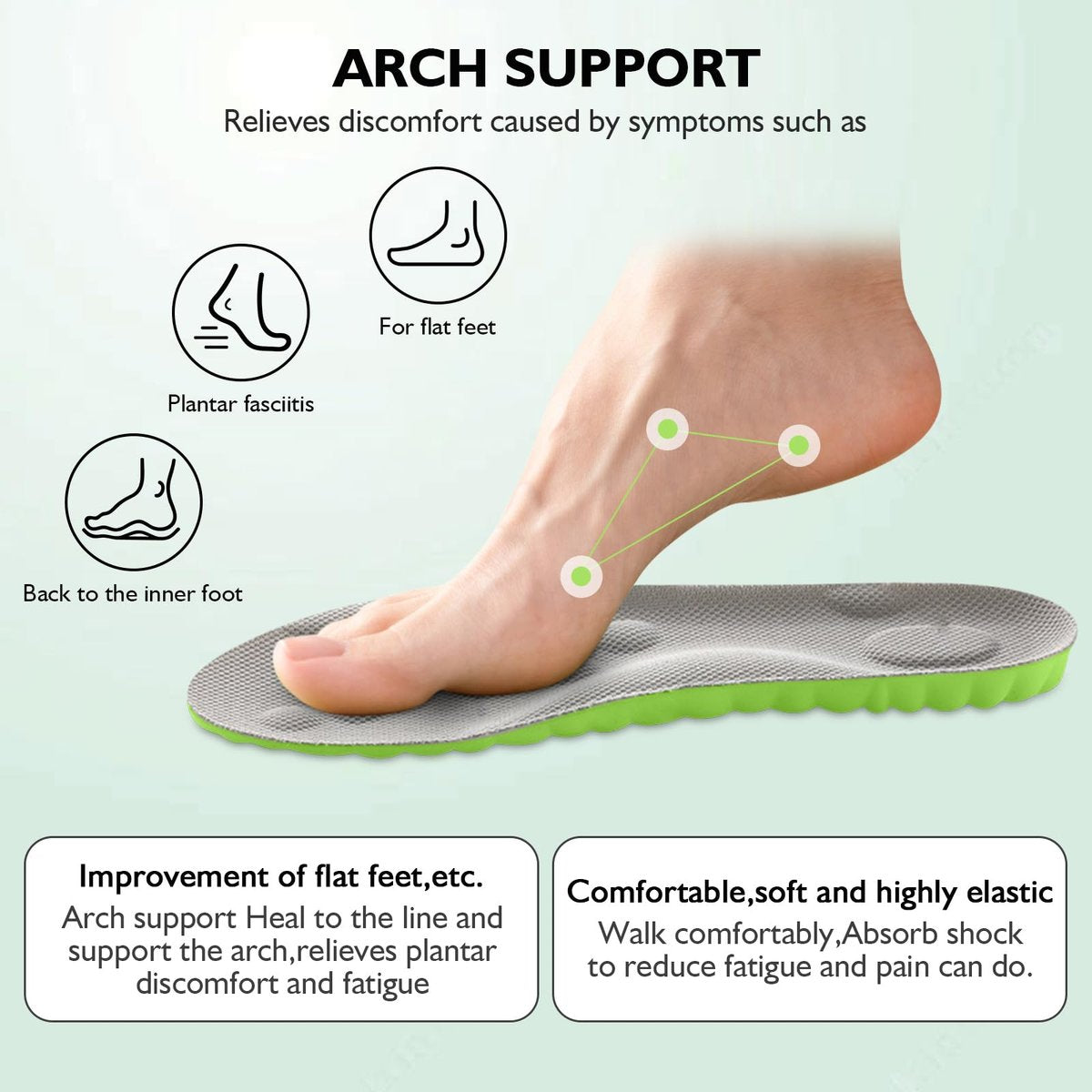 Pickleball Einlegesohlen, 4D Memory Foam Fußgewölbe-Stützeinlagen, Stoßdämpfend, Anti-Rutsch-Massage-Unterstützung, Atmungsaktiv für Walking & Sport (Grün, Herren 8-9/Damen 9.5-10)