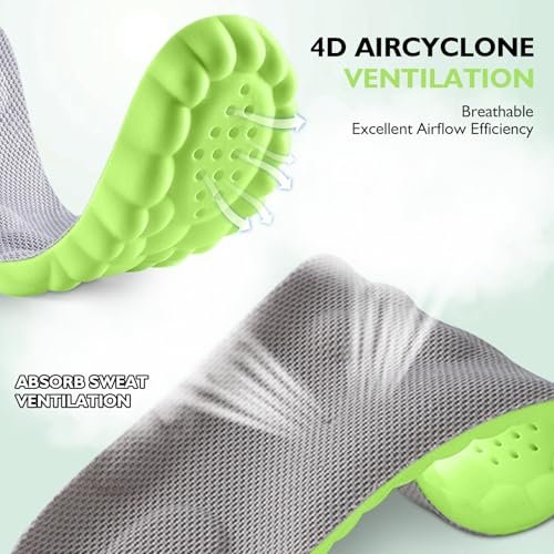 Pickleball Einlegesohlen, 4D Memory Foam Fußgewölbe-Stützeinlagen, Stoßdämpfend, Anti-Rutsch-Massage-Unterstützung, Atmungsaktiv für Walking & Sport (Grün, Herren 8-9/Damen 9.5-10)