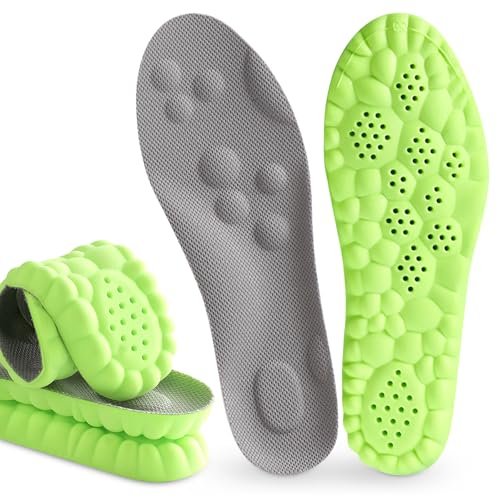 Pickleball Einlegesohlen, 4D Memory Foam Fußgewölbe-Stützeinlagen, Stoßdämpfend, Anti-Rutsch-Massage-Unterstützung, Atmungsaktiv für Walking & Sport (Grün, Herren 8-9/Damen 9.5-10)