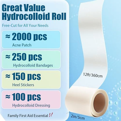 Hydrokolloid-Wundauflagen zur Wundversorgung, medizinische Hydrokolloid-Rolle mit Selbstklebung, ultra-absorbierend, flexibel & wasserdicht, zuschneidbar für Erste-Hilfe-Set (5 cm x 3,6 m)