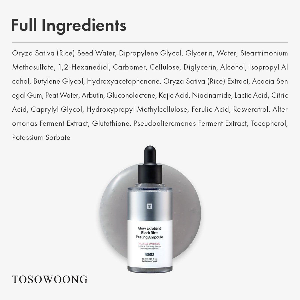 TOSOWOONG Black Rice Peeling Ampulle – 75 % schwarzer Reis Exfoliant, sanftes Peeling für Gesicht und Körper, entfernt abgestorbene Hautzellen, reinigt Poren und Mitesser, mit Kojisäure und Arbutin, koreanische Hautpflege, 85 ml