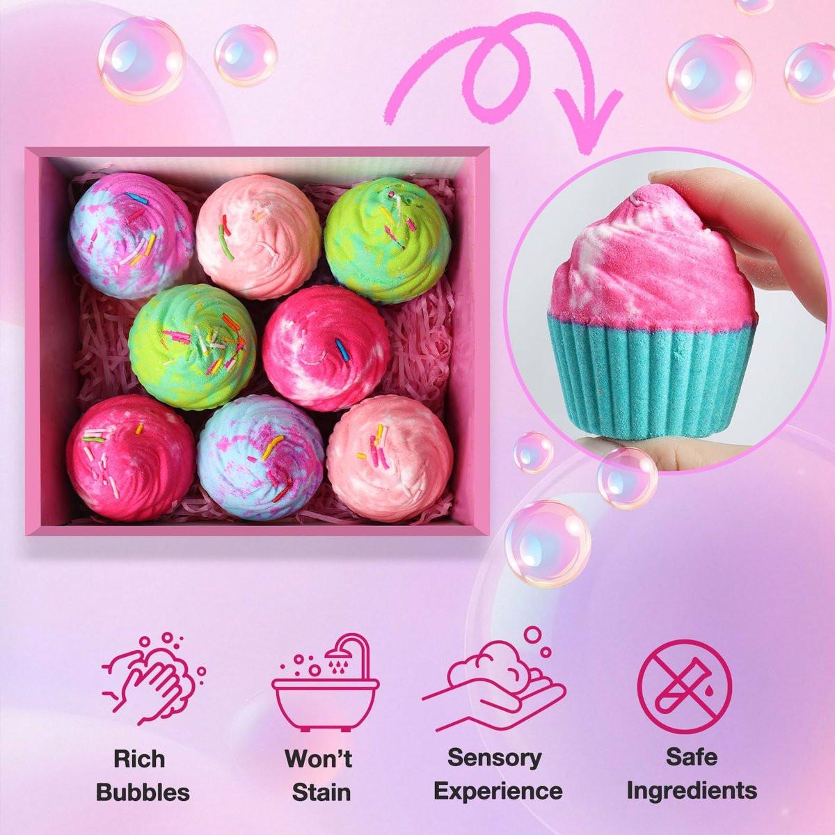 Badebomben für Kinder mit Überraschungs-Schmuck im Inneren – 8 Cupcake-Badebomben Geschenkset für Mädchen, Teenager, Ostergeschenk, Geburtstagsgeschenk, handgefertigte Fizz-Bubble-Spa-Badekugeln für Mädchen