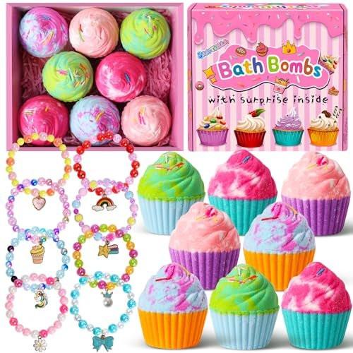 Badebomben für Kinder mit Überraschungs-Schmuck im Inneren – 8 Cupcake-Badebomben Geschenkset für Mädchen, Teenager, Ostergeschenk, Geburtstagsgeschenk, handgefertigte Fizz-Bubble-Spa-Badekugeln für Mädchen