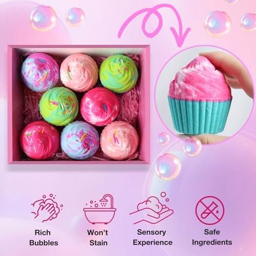 Badebomben für Kinder mit Überraschungs-Schmuck im Inneren – 8 Cupcake-Badebomben Geschenkset für Mädchen, Teenager, Ostergeschenk, Geburtstagsgeschenk, handgefertigte Fizz-Bubble-Spa-Badekugeln für Mädchen