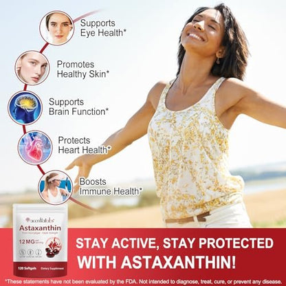 ZUZOKKAHA Astaxanthin Kapseln 12 mg - 120 Softgels | Hochwertiges natürliches Antioxidans aus Mikroalgen | Unterstützt Augen, Haut, Gehirn, Gelenke, Herz & Immunsystem | Non-GMO, Glutenfrei