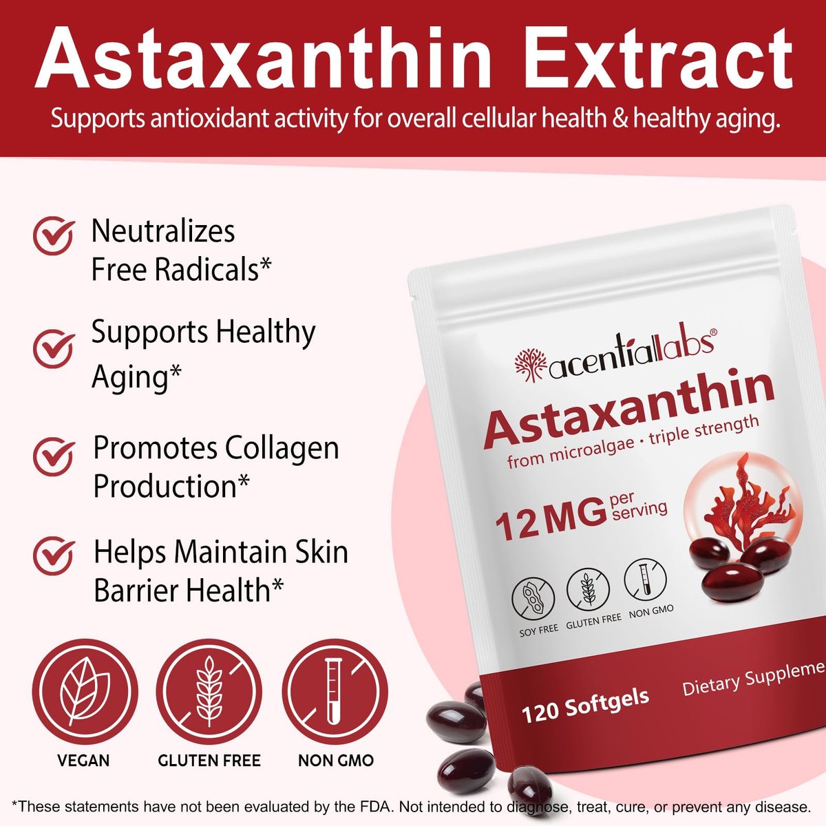 ZUZOKKAHA Astaxanthin Kapseln 12 mg - 120 Softgels | Hochwertiges natürliches Antioxidans aus Mikroalgen | Unterstützt Augen, Haut, Gehirn, Gelenke, Herz & Immunsystem | Non-GMO, Glutenfrei