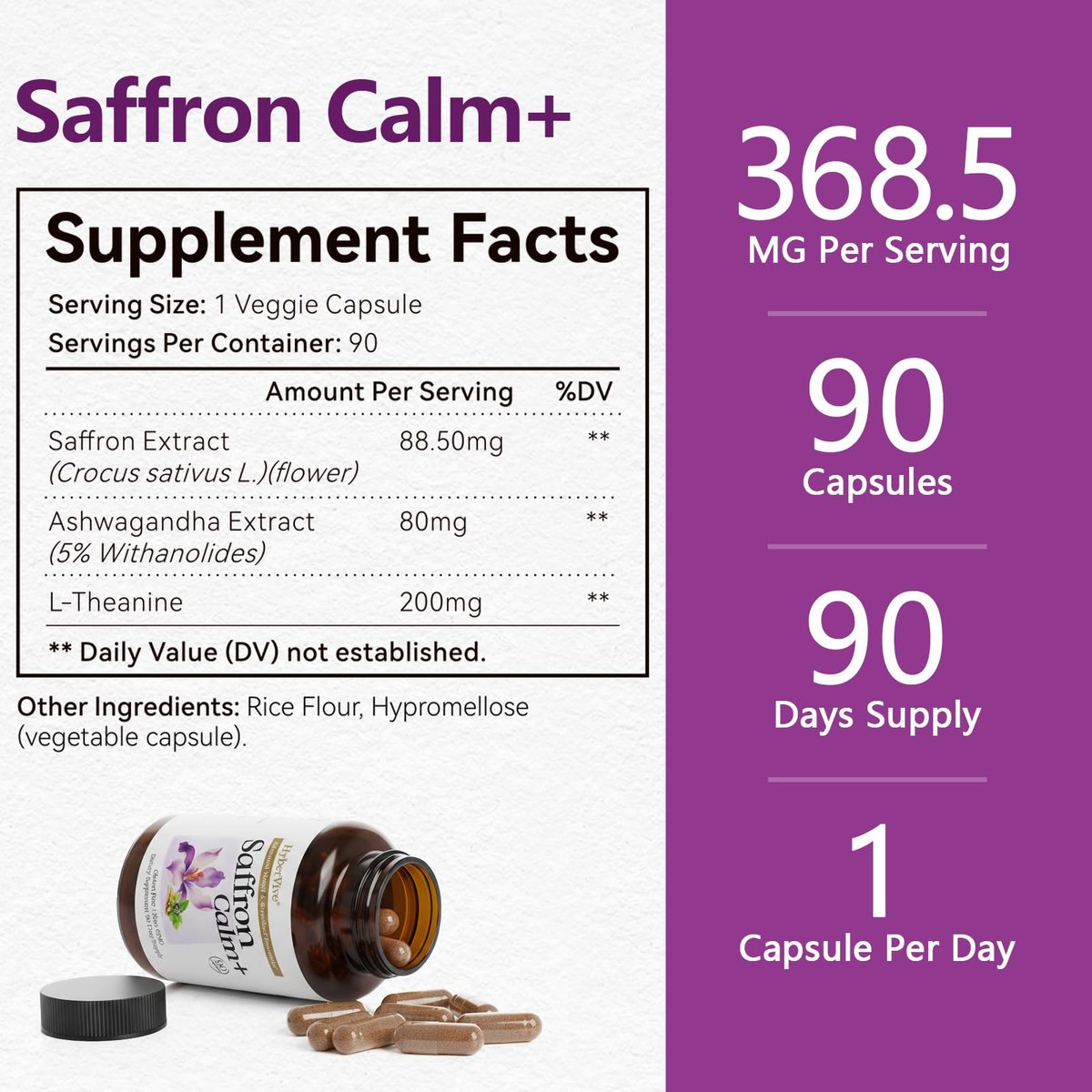 HyberVive Saffron-Komplex mit Ashwagandha & L-Theanin – 368,5 mg – Stimmungsbalance, Stressabbau & geistige Klarheit – Cortisol-Unterstützung für Frauen & Männer, hergestellt in den USA, 90 vegane Kapseln