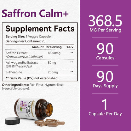 HyberVive Saffron-Komplex mit Ashwagandha & L-Theanin – 368,5 mg – Stimmungsbalance, Stressabbau & geistige Klarheit – Cortisol-Unterstützung für Frauen & Männer, hergestellt in den USA, 90 vegane Kapseln
